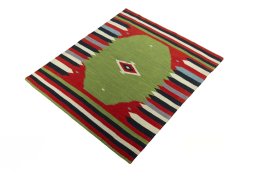 Corner detail of New Kilim Sofre rug showing border pattern and Wool pile