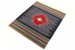 Corner detail of New Kilim Sofre rug showing border pattern and Wool pile