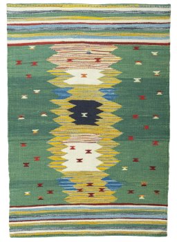 Full view of New Kilim Sofre rug from Turkey, 146 × 103 cm in Multi Color tones