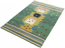 Corner detail of New Kilim Sofre rug showing border pattern and Wool pile