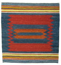 Full view of New Kilim Sofre rug from Turkey, 108 × 104 cm in Multi Color tones