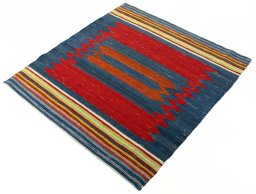 Corner detail of New Kilim Sofre rug showing border pattern and Wool pile