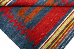 Full view of New Kilim Sofre rug from Turkey, 108 × 104 cm in Multi Color tones