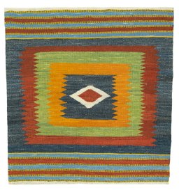 Full view of New Kilim Sofre rug from Turkey, 105 × 98 cm in Multi Color tones