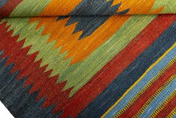 Full view of New Kilim Sofre rug from Turkey, 105 × 98 cm in Multi Color tones