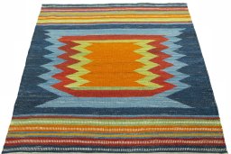 Close-up detail of New Kilim Sofre rug from Turkey showing Wool weave