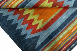 Full view of New Kilim Sofre rug from Turkey, 111 × 104 cm in Multi Color tones
