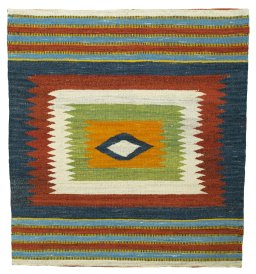 Full view of New Kilim Sofre rug from Turkey, 107 × 98 cm in Multi Color tones