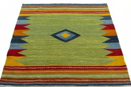 Close-up detail of New Kilim Sofre rug from Turkey showing Wool weave
