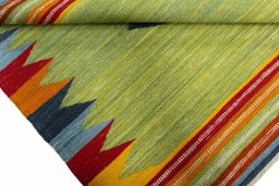 Full view of New Kilim Sofre rug from Turkey, 111 × 109 cm in Multi Color tones