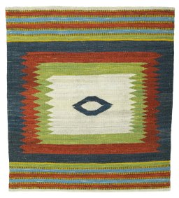 Full view of New Kilim Sofre rug from Turkey, 110 × 99 cm in Multi Color tones