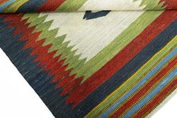 Full view of New Kilim Sofre rug from Turkey, 110 × 99 cm in Multi Color tones