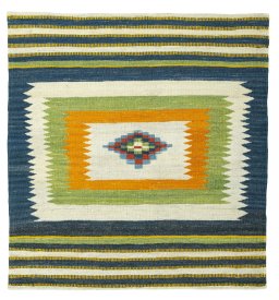 Full view of New Kilim Sofre rug from Turkey, 105 × 98 cm in Multi Color tones