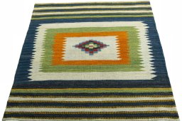 Close-up detail of New Kilim Sofre rug from Turkey showing Wool weave