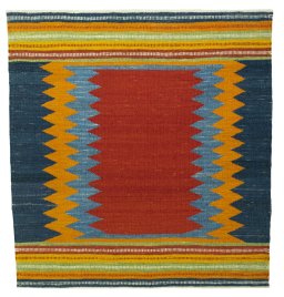 Full view of New Kilim Sofre rug from Turkey, 118 × 110 cm in Multi Color tones