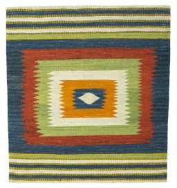 Full view of New Kilim Sofre rug from Turkey, 105 × 96 cm in Multi Color tones