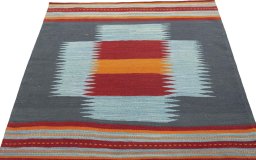 Close-up detail of New Kilim Sofre rug from Turkey showing Wool weave