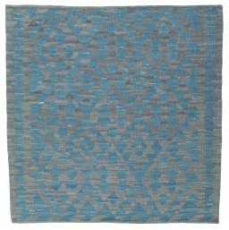Full view of New Kilim Sofre rug from Turkey, 103 × 103 cm in Multi Color tones