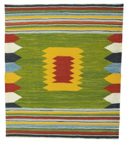 Full view of New Kilim Sofre rug from Turkey, 106 × 92 cm in Multi Color tones