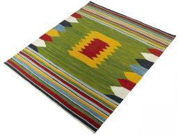 Corner detail of New Kilim Sofre rug showing border pattern and Wool pile
