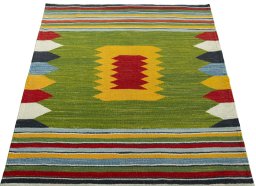 Close-up detail of New Kilim Sofre rug from Turkey showing Wool weave