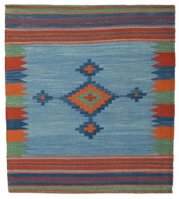 Full view of New Kilim Sofre rug from Turkey, 111 × 100 cm in Multi Color tones