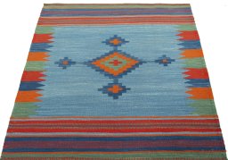 Close-up detail of New Kilim Sofre rug from Turkey showing Wool weave