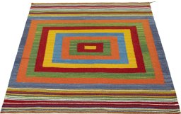 Close-up detail of New Kilim Sofre rug from Turkey showing Wool weave