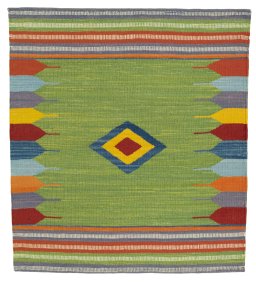 Full view of New Kilim Sofre rug from Turkey, 107 × 96 cm in Multi Color tones