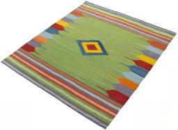 Corner detail of New Kilim Sofre rug showing border pattern and Wool pile