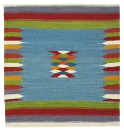 Full view of New Kilim Sofre rug from Turkey, 103 × 96 cm in Multi Color tones
