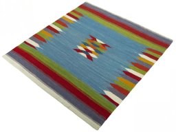 Corner detail of New Kilim Sofre rug showing border pattern and Wool pile