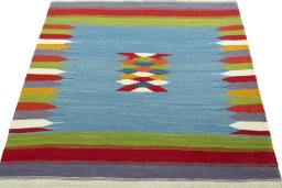 Close-up detail of New Kilim Sofre rug from Turkey showing Wool weave