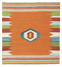 Full view of New Kilim Sofre rug from Turkey, 109 × 100 cm in Multi Color tones