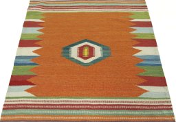 Close-up detail of New Kilim Sofre rug from Turkey showing Wool weave