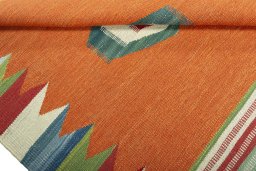 Full view of New Kilim Sofre rug from Turkey, 109 × 100 cm in Multi Color tones
