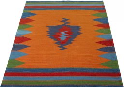 Close-up detail of New Kilim Sofre rug from Turkey showing Wool weave