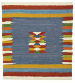 Full view of New Kilim Sofre rug from Turkey, 107 × 96 cm in Multi Color tones