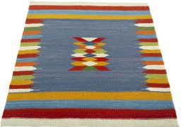 Close-up detail of New Kilim Sofre rug from Turkey showing Wool weave