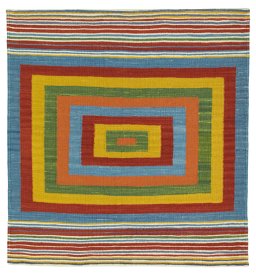 Full view of New Kilim Sofre rug from Turkey, 104 × 98 cm in Multi Color tones