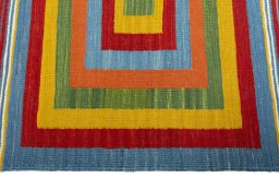 Close-up detail of New Kilim Sofre rug from Turkey showing Wool weave