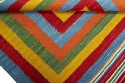 Full view of New Kilim Sofre rug from Turkey, 104 × 98 cm in Multi Color tones