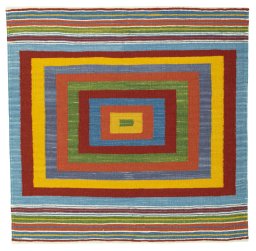 Full view of New Kilim Sofre rug from Turkey, 101 × 102 cm in Multi Color tones