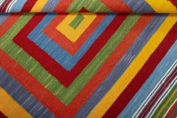 Full view of New Kilim Sofre rug from Turkey, 101 × 102 cm in Multi Color tones