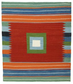 Full view of New Kilim Sofre rug from Turkey, 116 × 101 cm in Multi Color tones