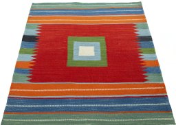 Close-up detail of New Kilim Sofre rug from Turkey showing Wool weave