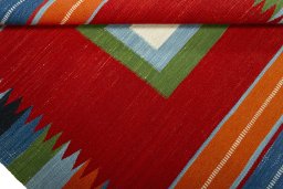 Full view of New Kilim Sofre rug from Turkey, 116 × 101 cm in Multi Color tones