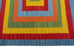 Close-up detail of New Kilim Sofre rug from Turkey showing Wool weave