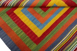 Full view of New Kilim Sofre rug from Turkey, 104 × 101 cm in Multi Color tones