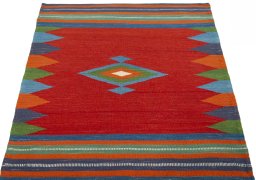 Close-up detail of New Kilim Sofre rug from Turkey showing Wool weave